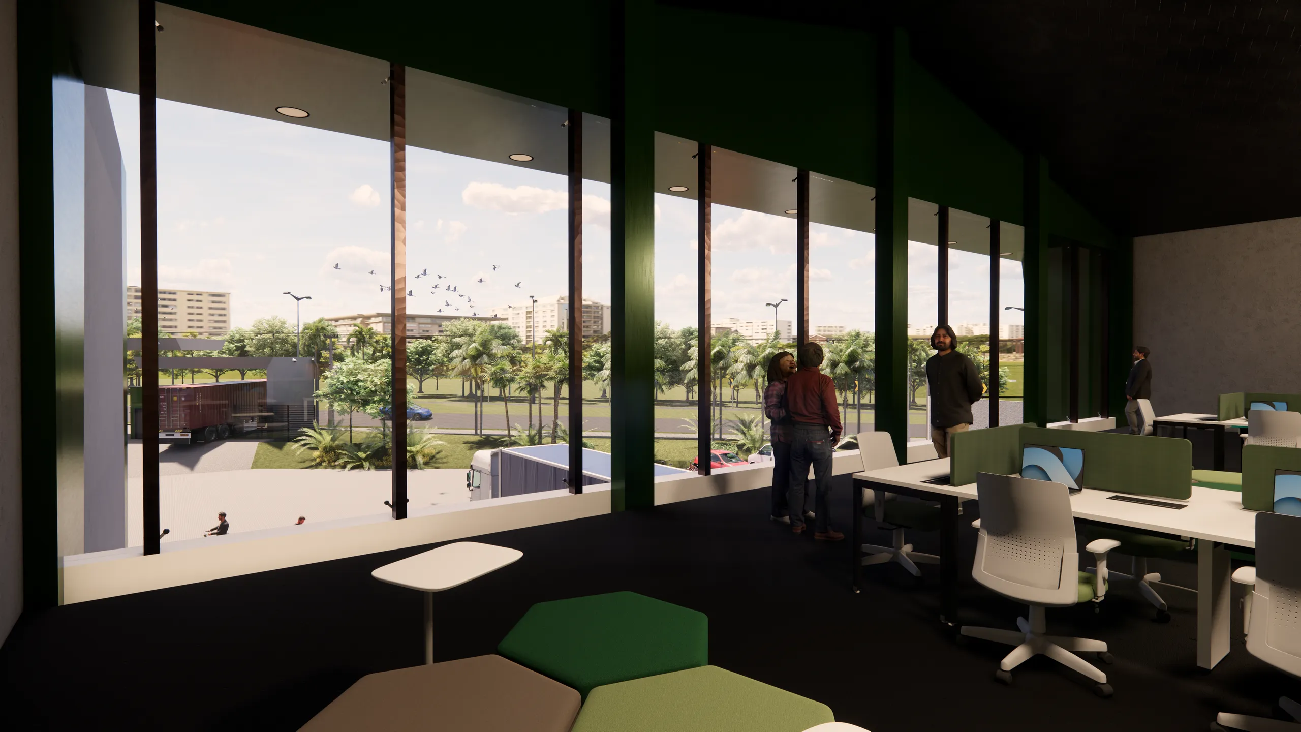 Mezanino administrativo com vista para a cidade